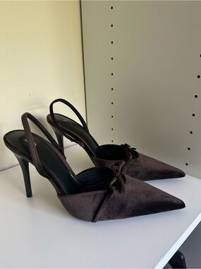 Zara Dark Brown Suede Pointed-Toe Slingback Heels with Bow